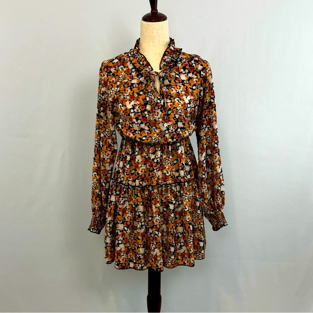 Tie Neck Long Sleeve Elastic Waist Ruffle Hem Floral Dress, Size S, US 2, AU 6